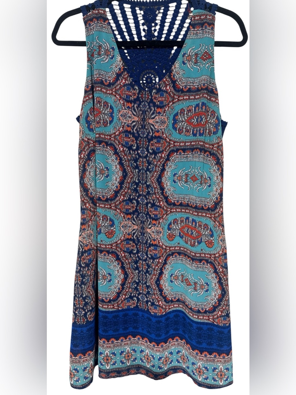 Luxology Boho Sleeveless Paisley Shift Dress XL Crochet Racerback Lined